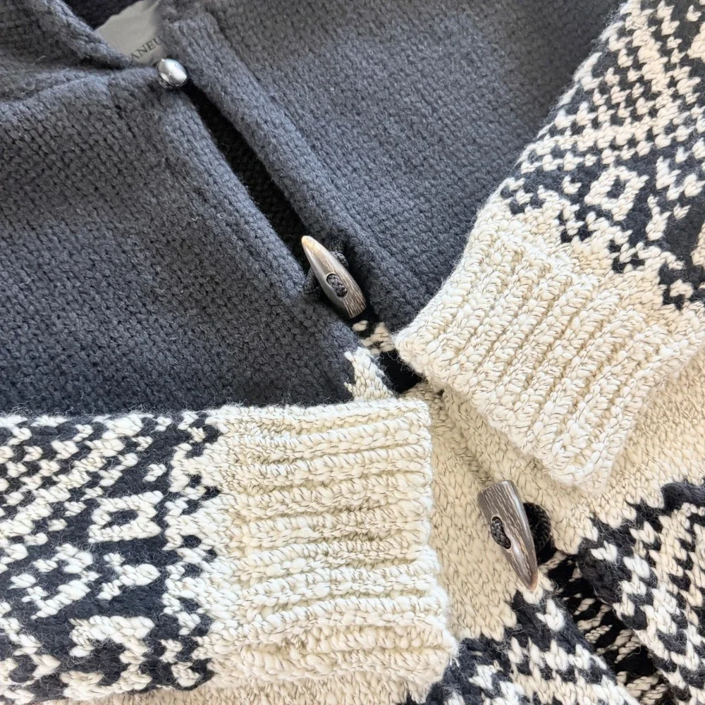 Laneus Italy Wool Hooded Cardigan Sweater Men's S/M (48) Black Ivory Nordic Knit
